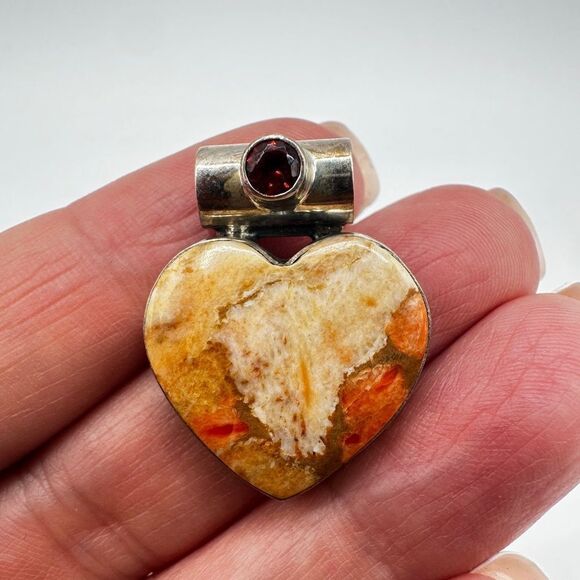 Heart shaped coral jasper and spessartite garnet in solid 925 pendant/slide! - Picture 1 of 11